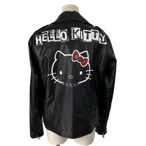 Hello Kitty Black Faux Leather Biker Jacket With Graphic Print & Belt Sz S